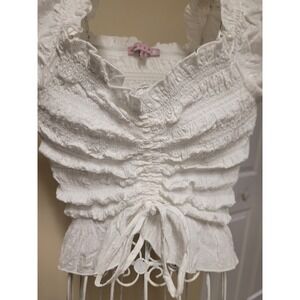 Crave Fame White Swiss Dot Twee Smocked Puff Sleeve Jr Coquette Crop Top Size S